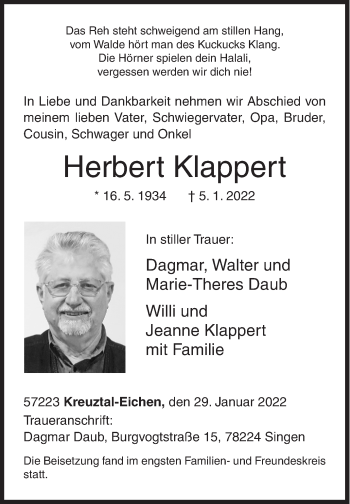 Traueranzeige von Herbert Klappert von Siegener Zeitung