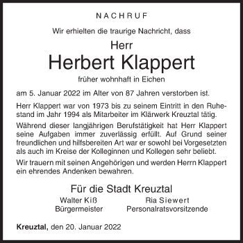 Traueranzeige von Herbert Klappert von Siegener Zeitung