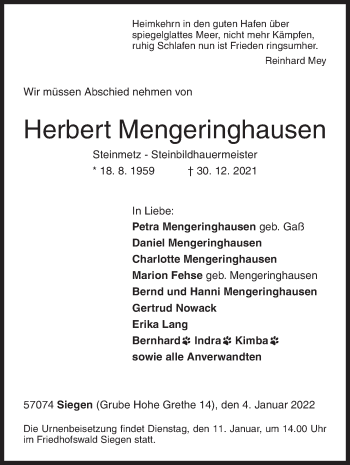 Traueranzeige von Herbert Mengeringhausen von Siegener Zeitung