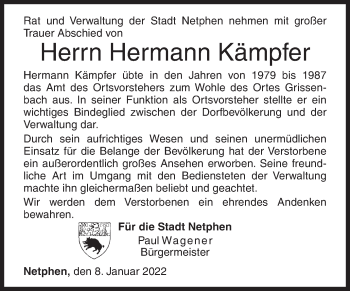 Traueranzeige von Hermann Kämpfer von Siegener Zeitung