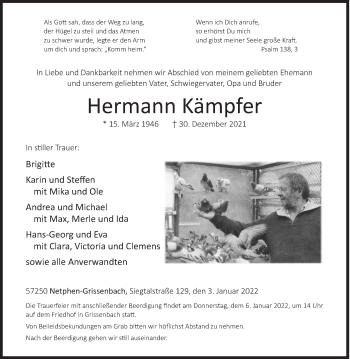 Traueranzeige von Hermann Kämpfer von Siegener Zeitung