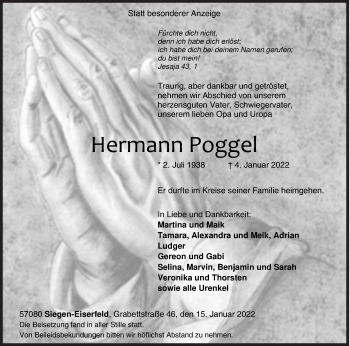 Traueranzeige von Hermann Poggel von Siegener Zeitung