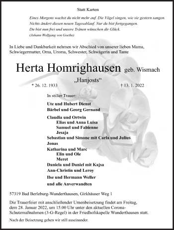 Traueranzeige von Herta Homrighausen von Siegener Zeitung