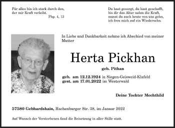 Traueranzeige von Herta Pickhan von Siegener Zeitung