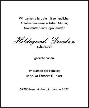 Traueranzeige von Hildegard Dunker von Siegener Zeitung