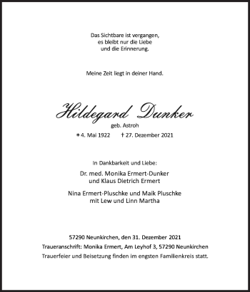 Traueranzeige von Hildegard Dunker von Siegener Zeitung