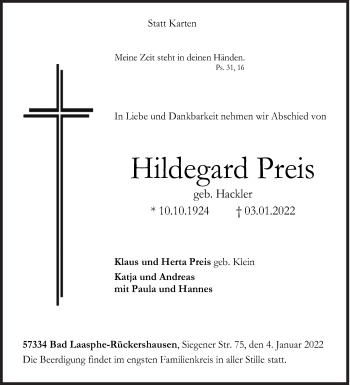 Traueranzeige von Hildegard Preis von Siegener Zeitung