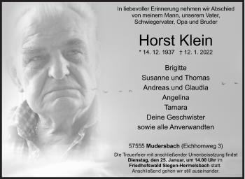 Traueranzeige von Horst Klein von Siegener Zeitung