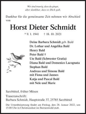 Traueranzeige von Horst Dieter Schmidt von Siegener Zeitung