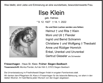 Traueranzeige von Ilse Klein von Siegener Zeitung