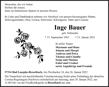 Traueranzeige von Inge Bauer von Siegener Zeitung