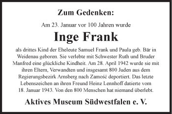Traueranzeige von Inge Frank von Siegener Zeitung