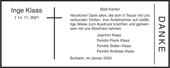 Traueranzeige von Inge Klaas von Siegener Zeitung