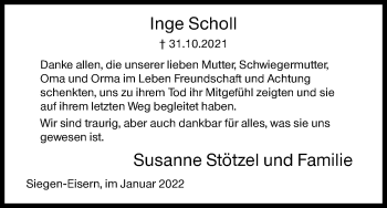 Traueranzeige von Inge Scholl von Siegener Zeitung