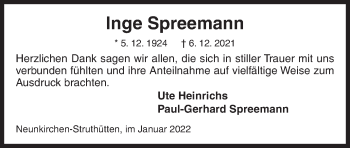 Traueranzeige von Inge Spreemann von Siegener Zeitung