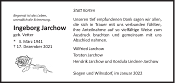 Traueranzeige von Ingeborg Jarchow von Siegener Zeitung