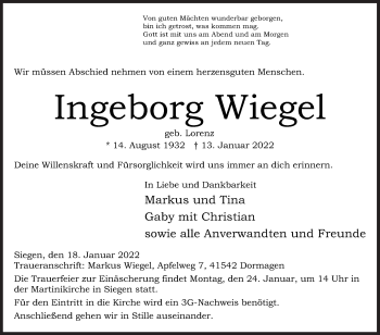 Traueranzeige von Ingeborg Wiegel von Siegener Zeitung