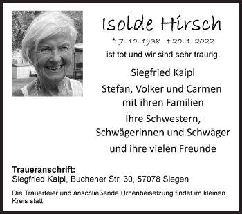 Traueranzeige von Isolde Hirsch von Siegener Zeitung