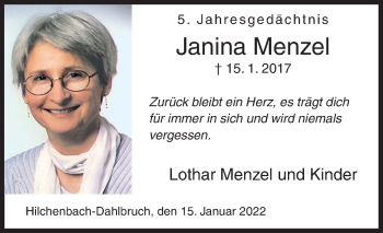 Traueranzeige von Janina Menzel von Siegener Zeitung