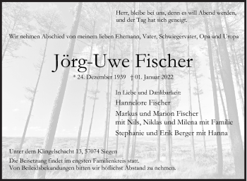 Traueranzeige von Jörg-Uwe Fischer von Siegener Zeitung