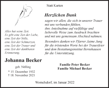 Traueranzeige von Johanna Becker von Siegener Zeitung