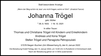 Traueranzeige von Johanna Trögel von Siegener Zeitung