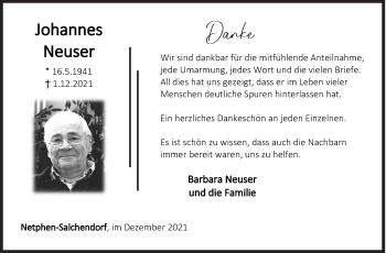 Traueranzeige von Johannes Neuser von Siegener Zeitung