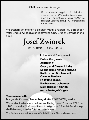Traueranzeige von Josef Zwiorek von Siegener Zeitung