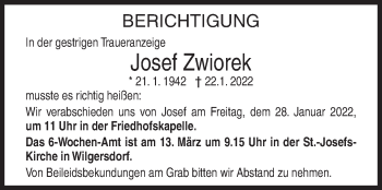 Traueranzeige von Josef Zwiorek von Siegener Zeitung