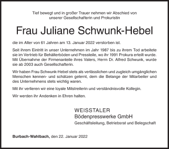 Traueranzeige von Juliane Schwunk-Hebel von Siegener Zeitung
