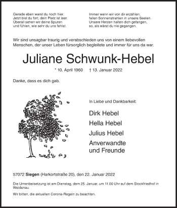 Traueranzeige von Juliane Schwunk-Hebel von Siegener Zeitung