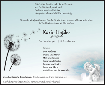 Traueranzeige von Karin Haßler von Siegener Zeitung
