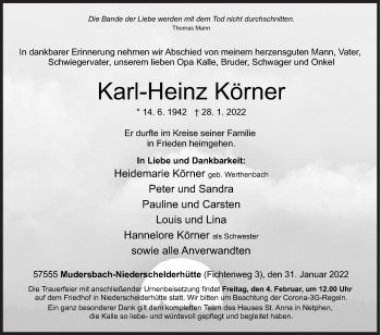 Traueranzeige von Karl-Heinz Körner von Siegener Zeitung