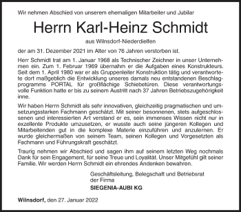 Traueranzeige von Karl-Heinz Schmidt von Siegener Zeitung