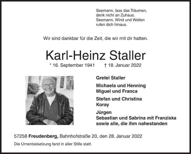  Traueranzeige für Karl-Heinz Staller vom 28.01.2022 aus Siegener Zeitung