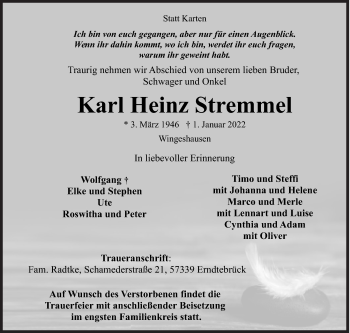 Traueranzeige von Karl Heinz Stremmel von Siegener Zeitung