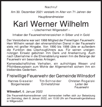 Traueranzeige von Karl Werner Wilhelm von Siegener Zeitung