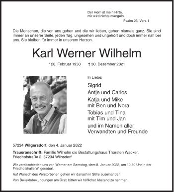 Traueranzeige von Karl Werner Wilhelm von Siegener Zeitung