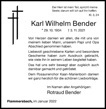 Traueranzeige von Karl Wilhelm Bender von Siegener Zeitung