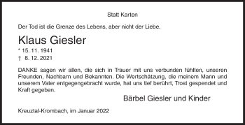 Traueranzeige von Klaus Giesler von Siegener Zeitung