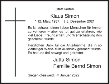 Traueranzeige von Klaus Simon von Siegener Zeitung