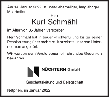 Traueranzeige von Kurt Schmähl von Siegener Zeitung