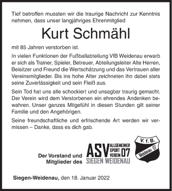 Traueranzeige von Kurt Schmähl von Siegener Zeitung