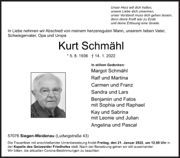 Traueranzeige von Kurt Schmähl von Siegener Zeitung