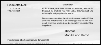 Traueranzeige von Lieslotte Nöll von Siegener Zeitung