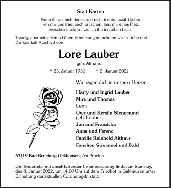 Traueranzeige von Lore Lauber von Siegener Zeitung