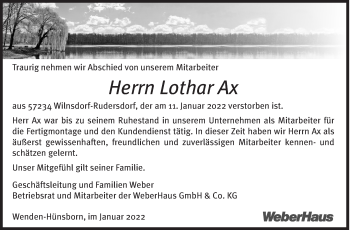 Traueranzeige von Lothar Ax von Siegener Zeitung