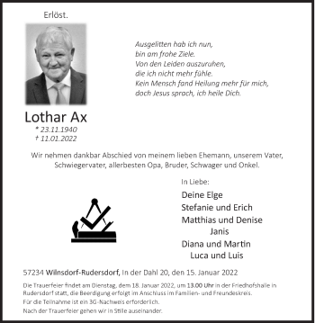 Traueranzeige von Lothar Ax von Siegener Zeitung