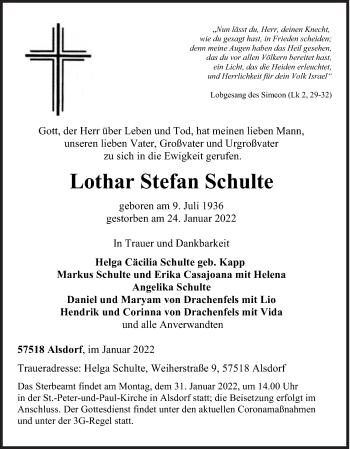 Traueranzeige von Lothar Stefan Schulte von Siegener Zeitung