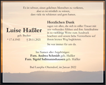 Traueranzeige von Luise Haßler von Siegener Zeitung